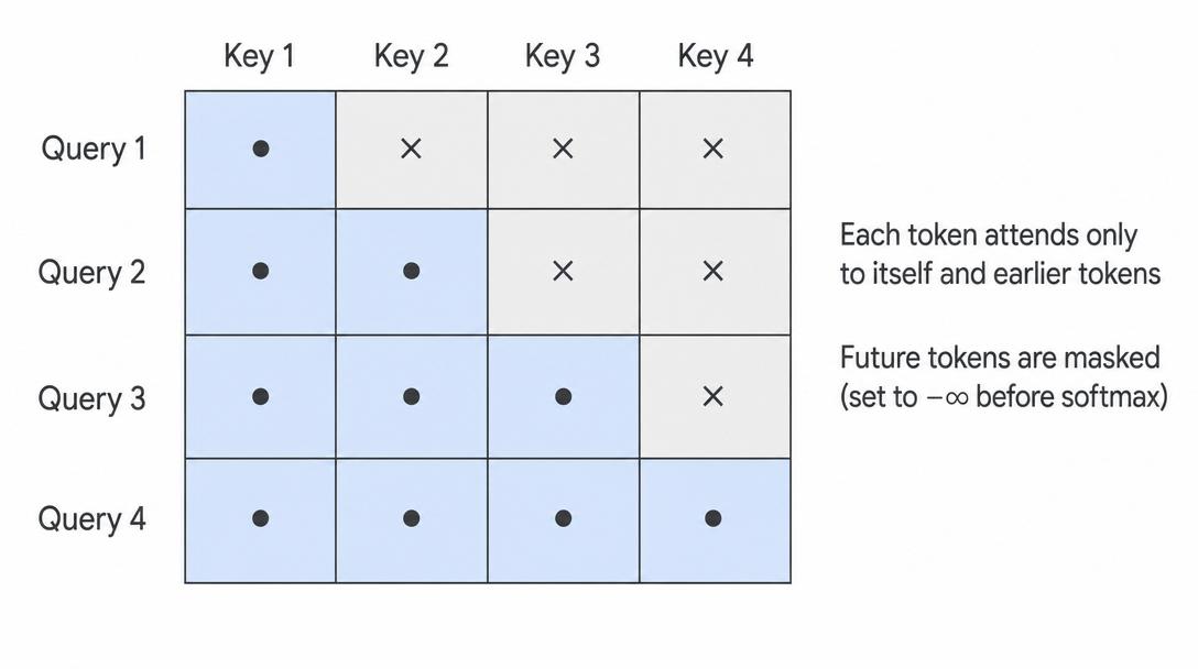 Masked self-attention grid: each query attends only to itself and earlier keys (lower triangle filled), while future positions are masked out before softmax